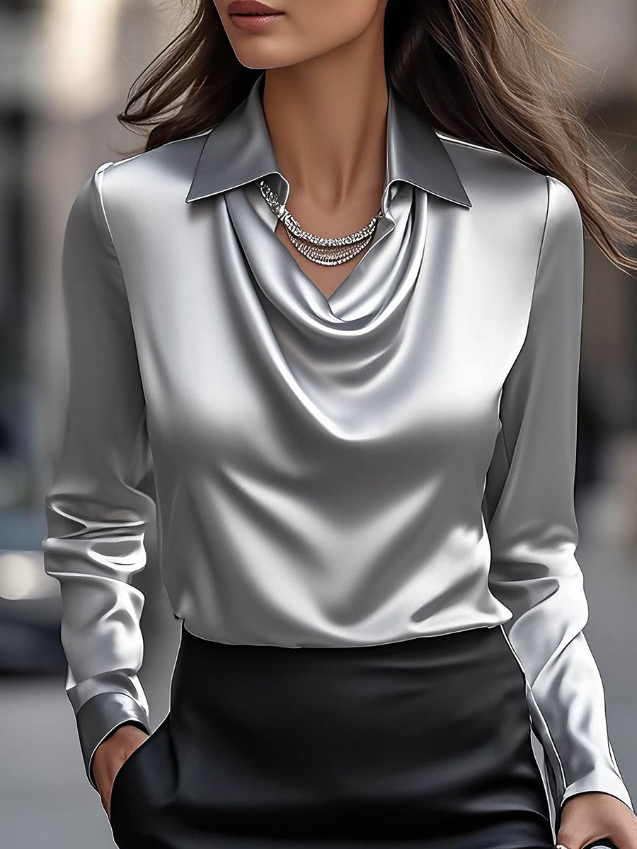 Women's White Satin Blouse - Long Sleeve Cowl Neck with Classic Collar