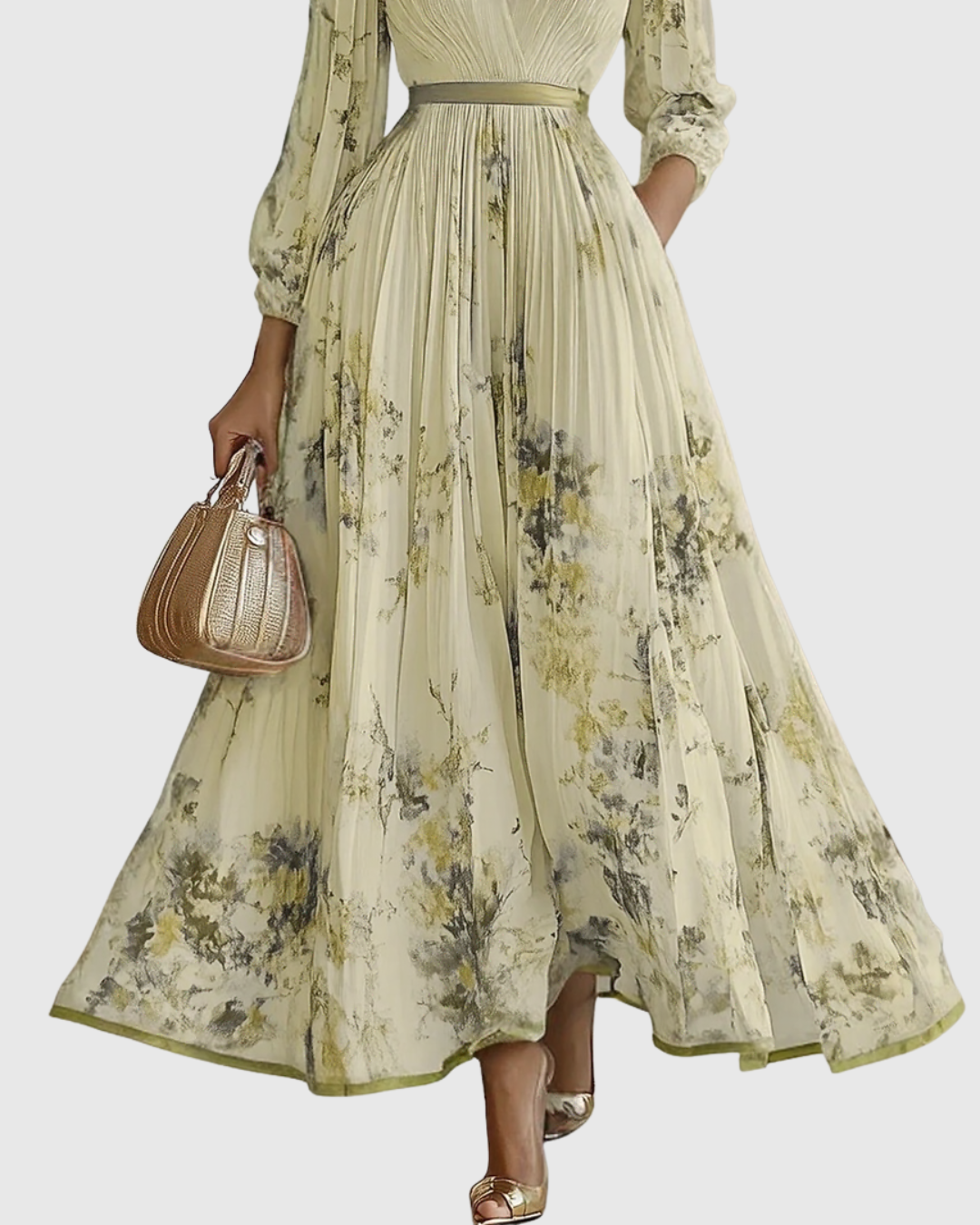 Greta - Women's Pleated V-Neck Long Sleeve Maxi Dress