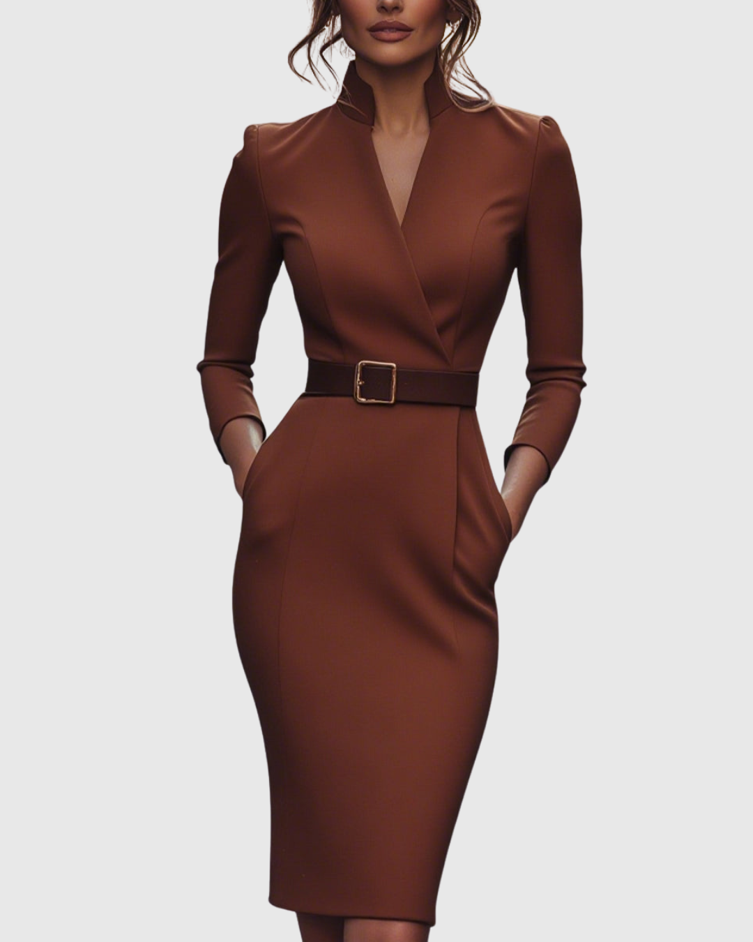 Maya - Women's Mock Wrap V-Neck 3/4 Sleeve Midi Dress