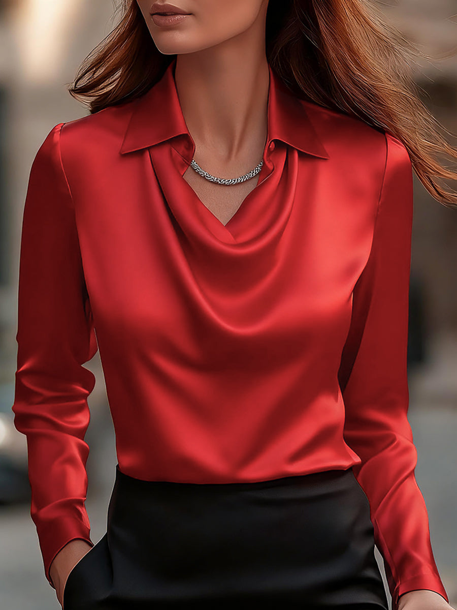 Women's White Satin Blouse - Long Sleeve Cowl Neck with Classic Collar