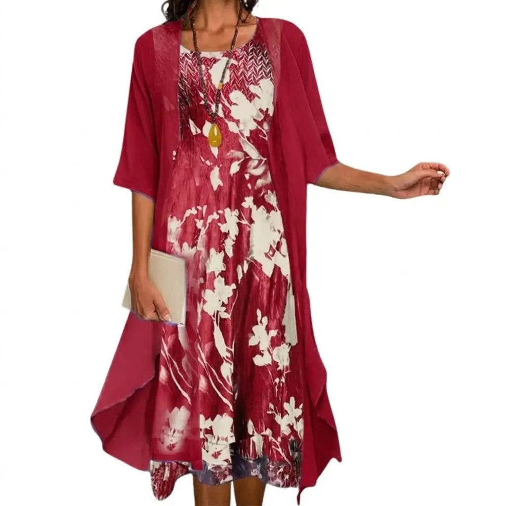 Women's Floral Short Sleeve Maxi Dress & Cardigan Two-Piece Set