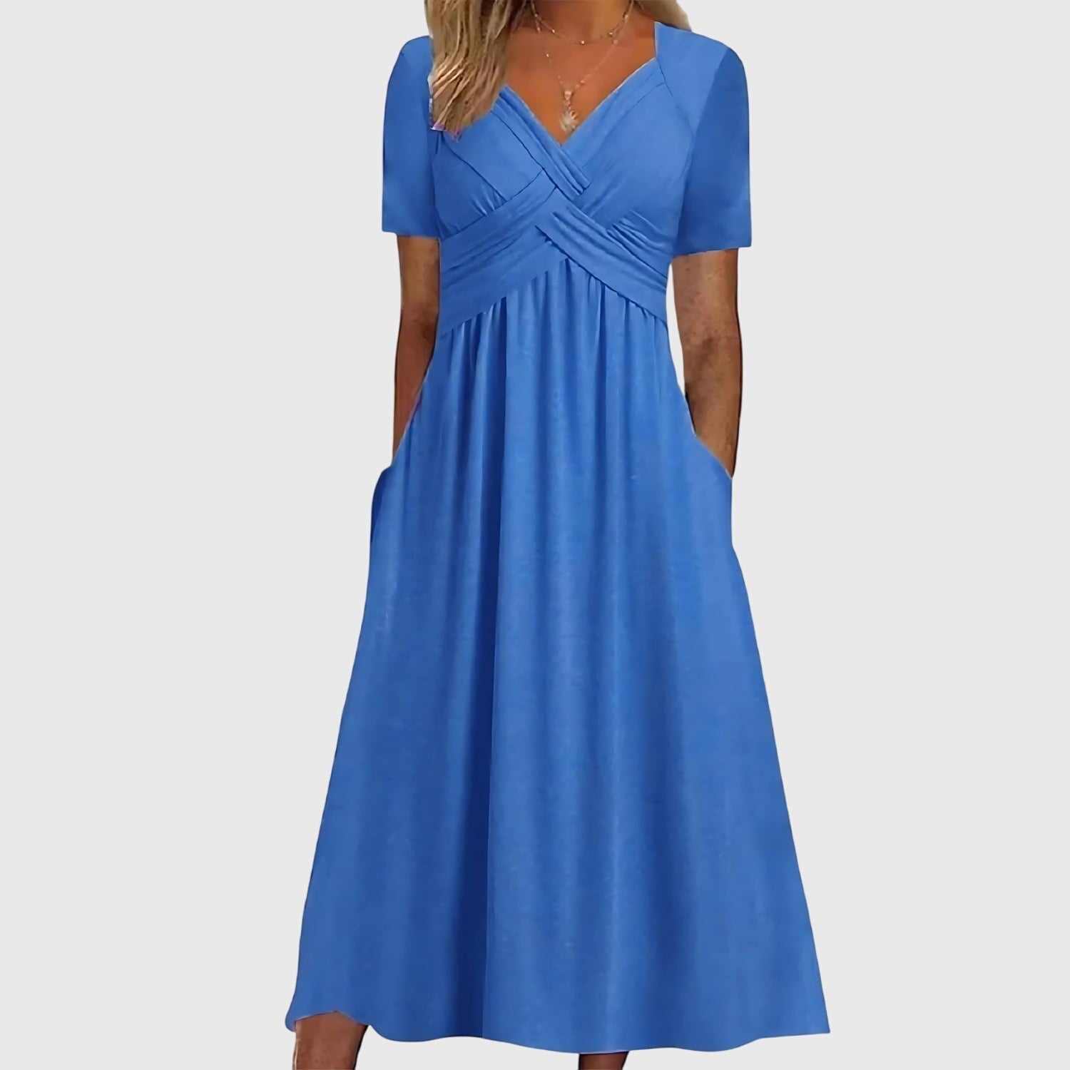 Women's Cornflower Blue Midi Dress - Crossover V-Neck