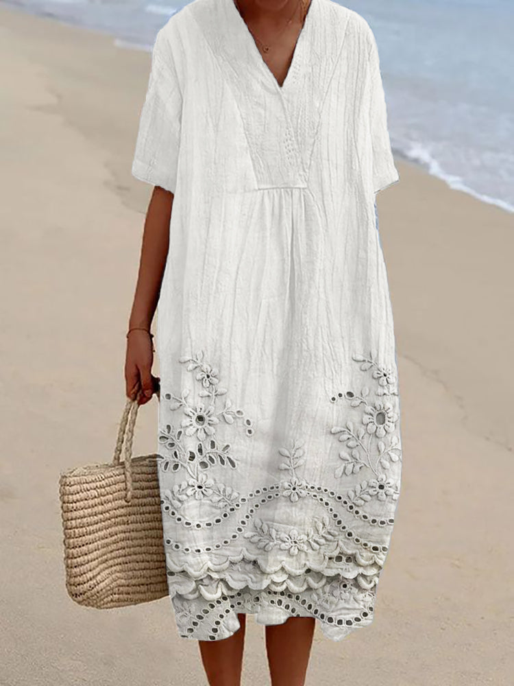 Women's White Embroidered Cotton Summer Dress - Eyelet Hem