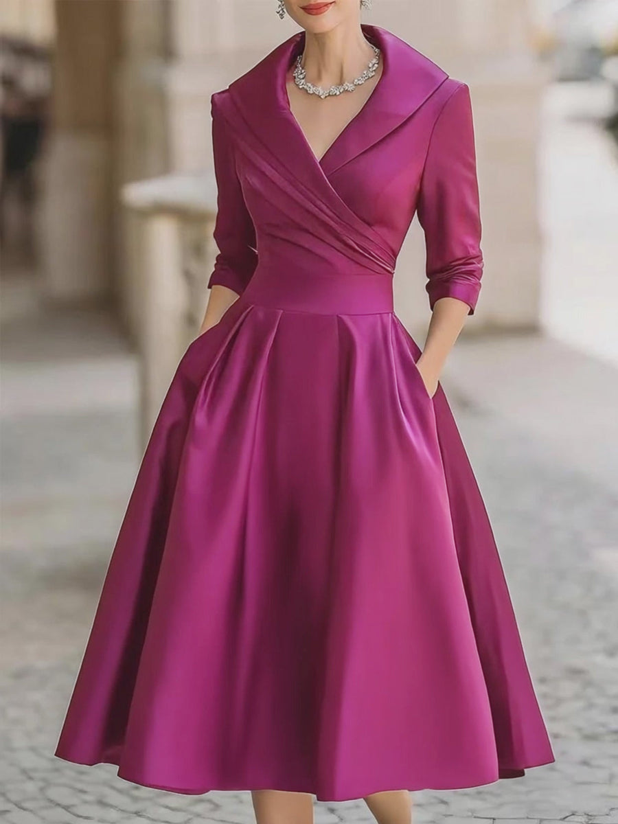 Women's Black Satin Midi Dress - Notched Shawl Collar A-Line with Pockets
