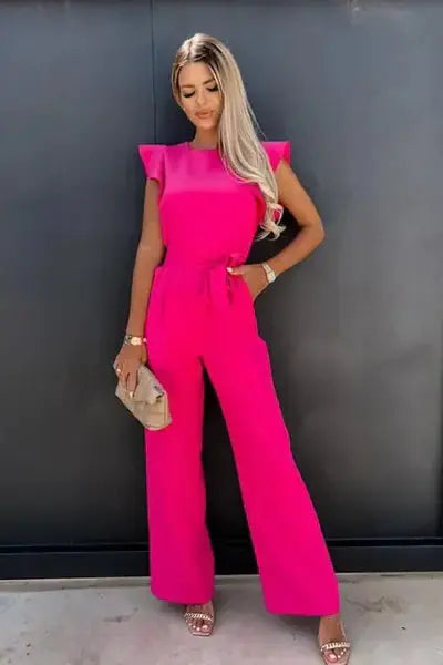 Adriana - Women's Ruffle Sleeve Belted Jumpsuit