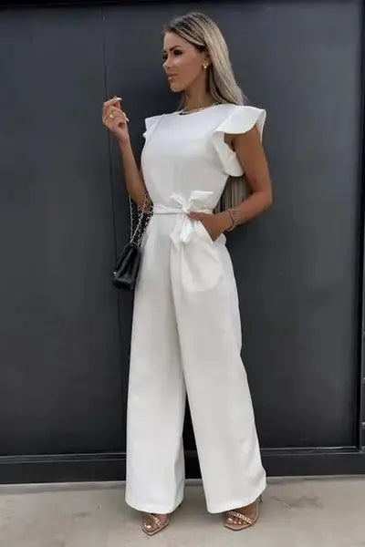 Adriana - Women's Ruffle Sleeve Belted Jumpsuit