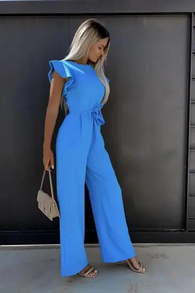 Adriana - Women's Ruffle Sleeve Belted Jumpsuit