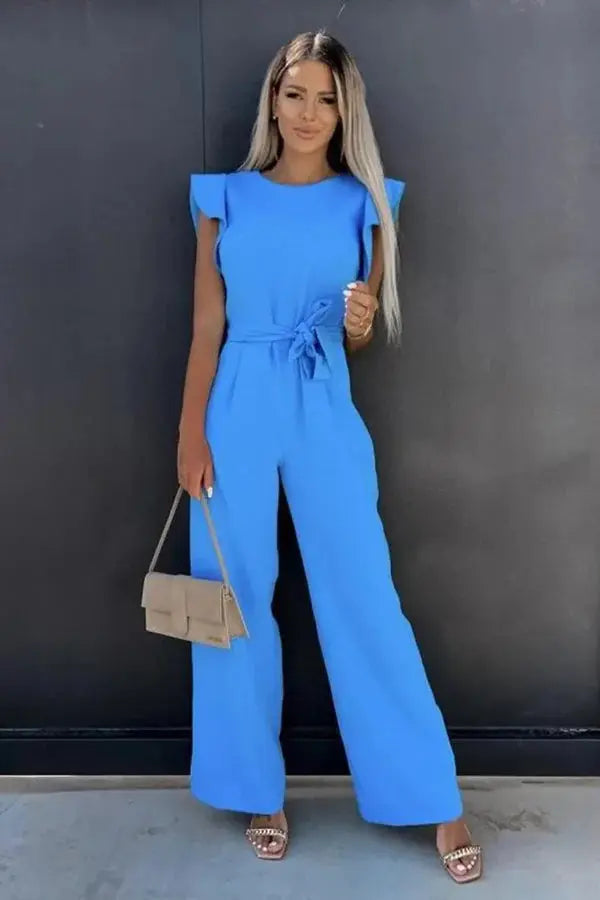 Adriana - Women's Ruffle Sleeve Belted Jumpsuit