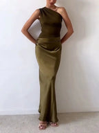 Women's Elegant One Shoulder Pleated Party Maxi Dress