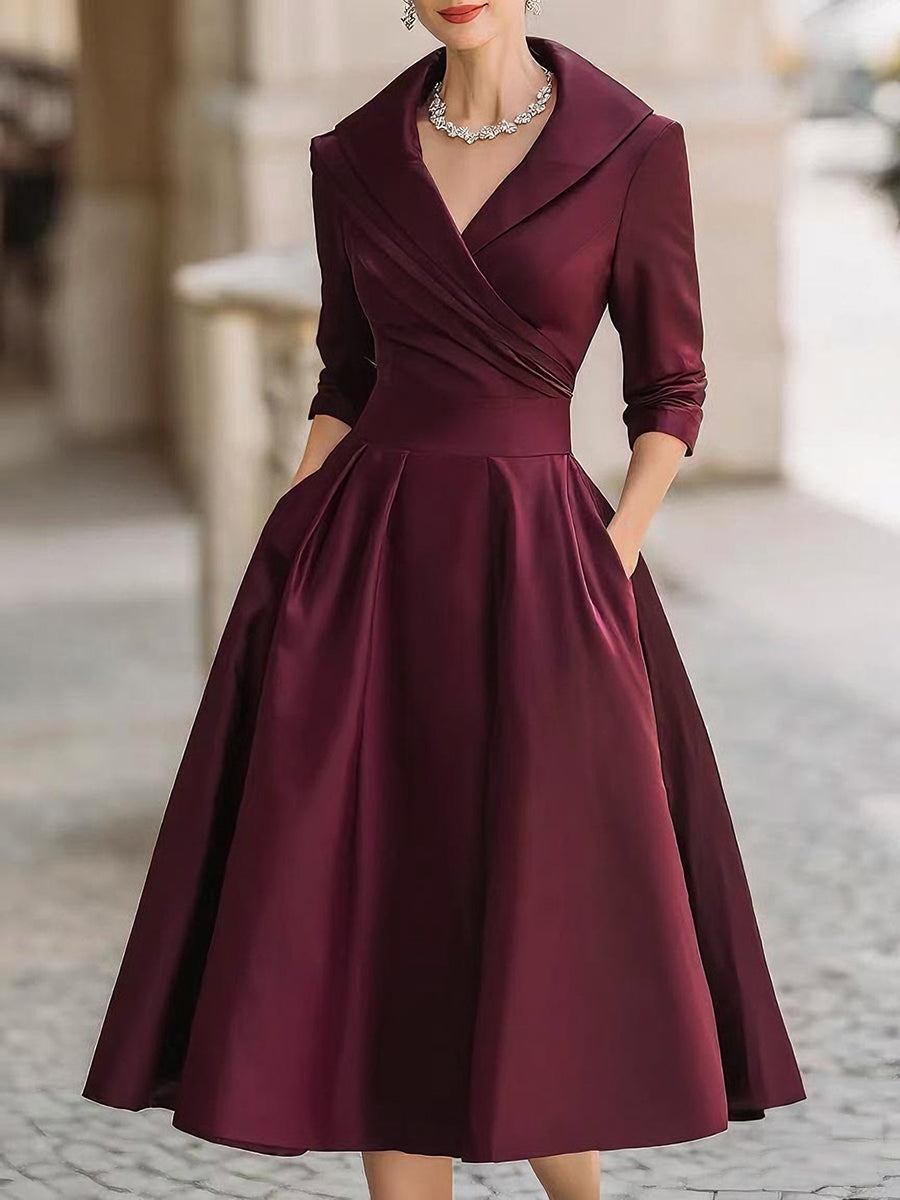 Women's Black Satin Midi Dress - Notched Shawl Collar A-Line with Pockets