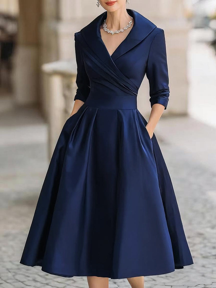 Women's Black Satin Midi Dress - Notched Shawl Collar A-Line with Pockets