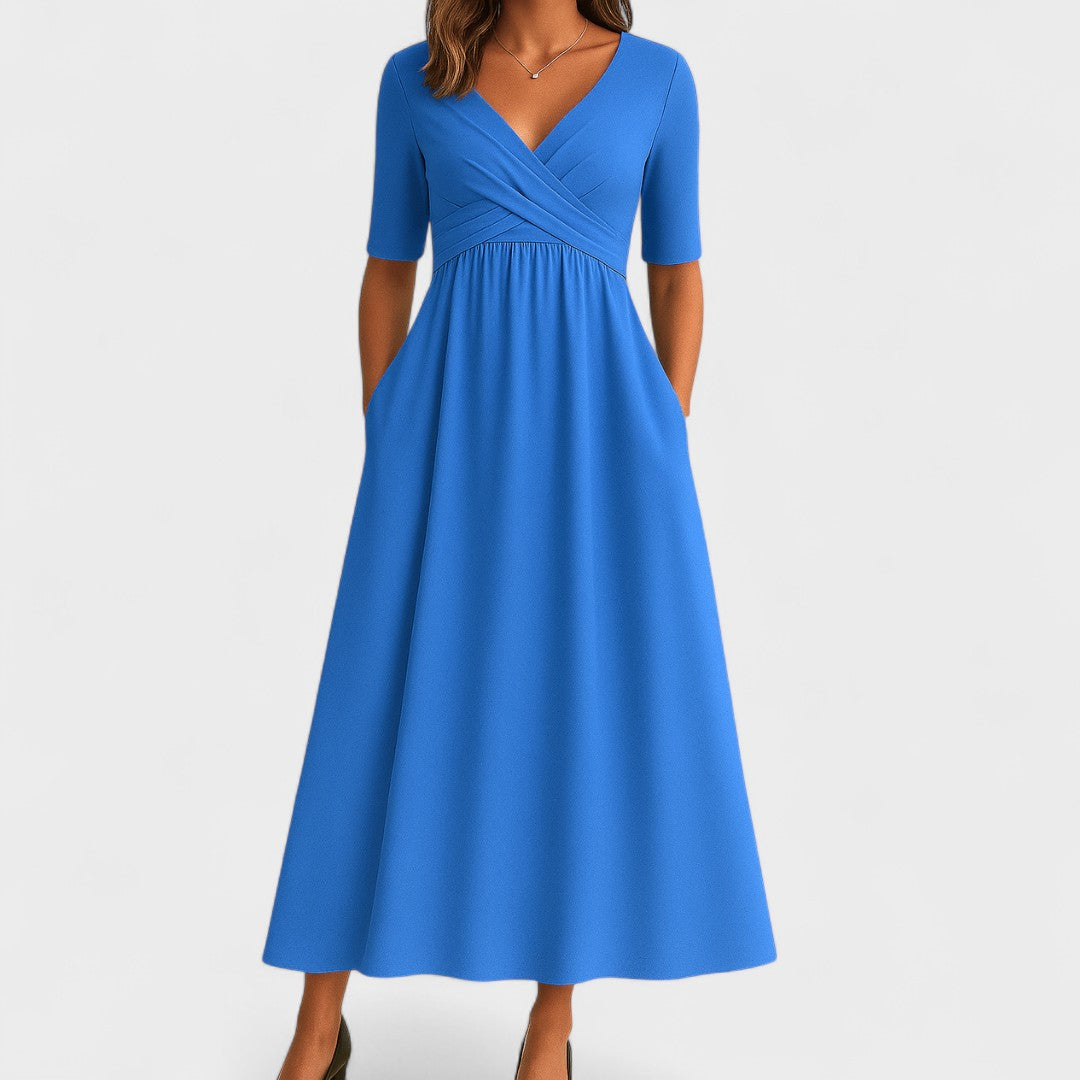Opal - Women's Surplice V-Neck Pleated Midi Dress
