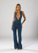 Aisha - Women's Plunge Neck Denim Flared Jumpsuit