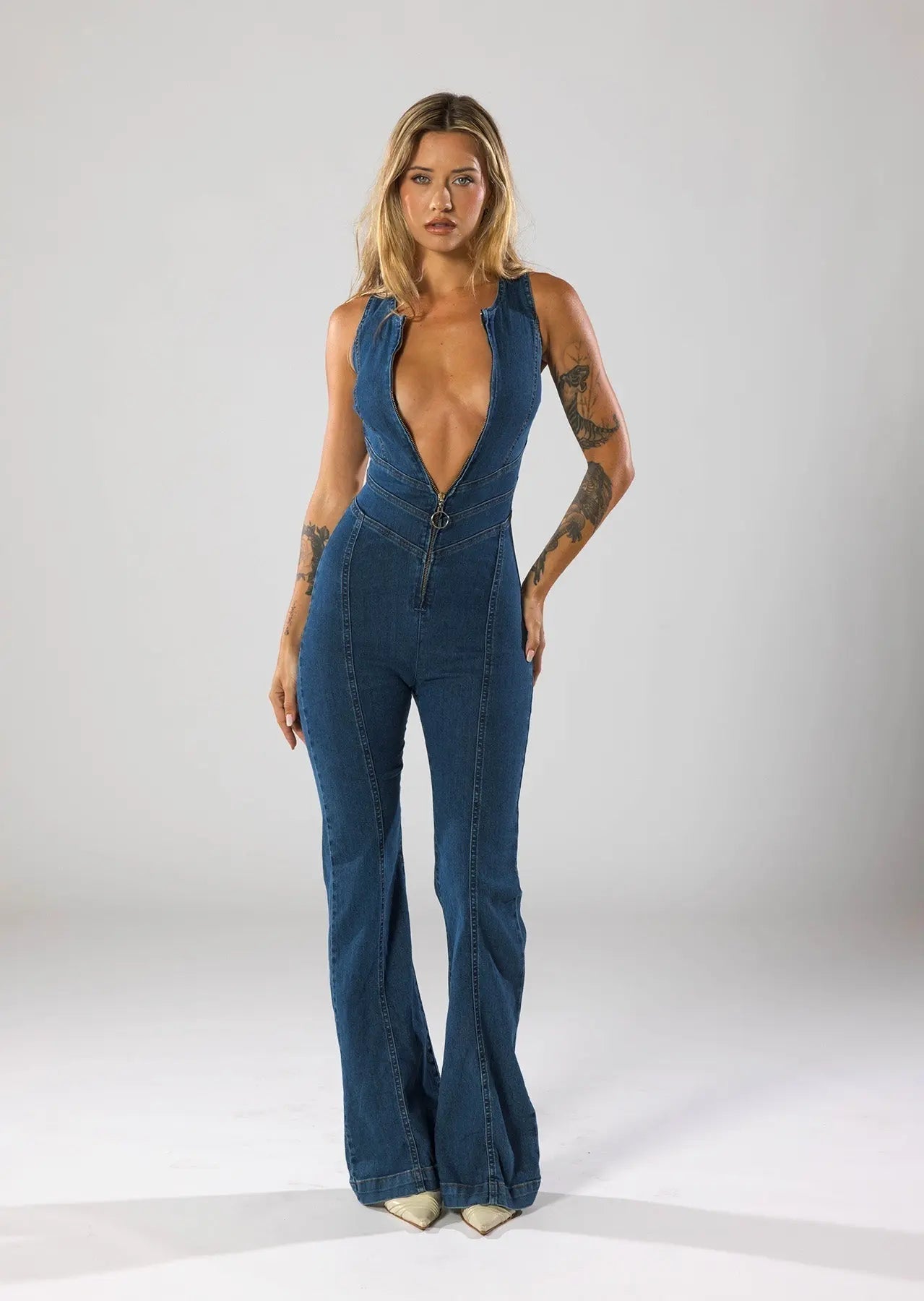 Aisha - Women's Plunge Neck Denim Flared Jumpsuit