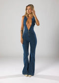 Aisha - Women's Plunge Neck Denim Flared Jumpsuit
