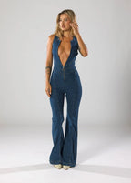 Aisha - Women's Plunge Neck Denim Flared Jumpsuit