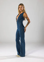 Aisha - Women's Plunge Neck Denim Flared Jumpsuit