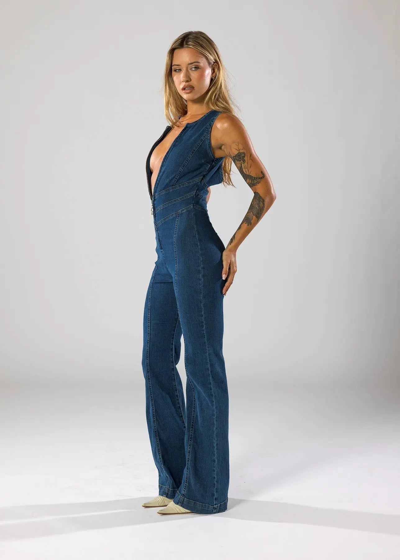 Aisha - Women's Plunge Neck Denim Flared Jumpsuit