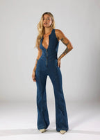 Aisha - Women's Plunge Neck Denim Flared Jumpsuit