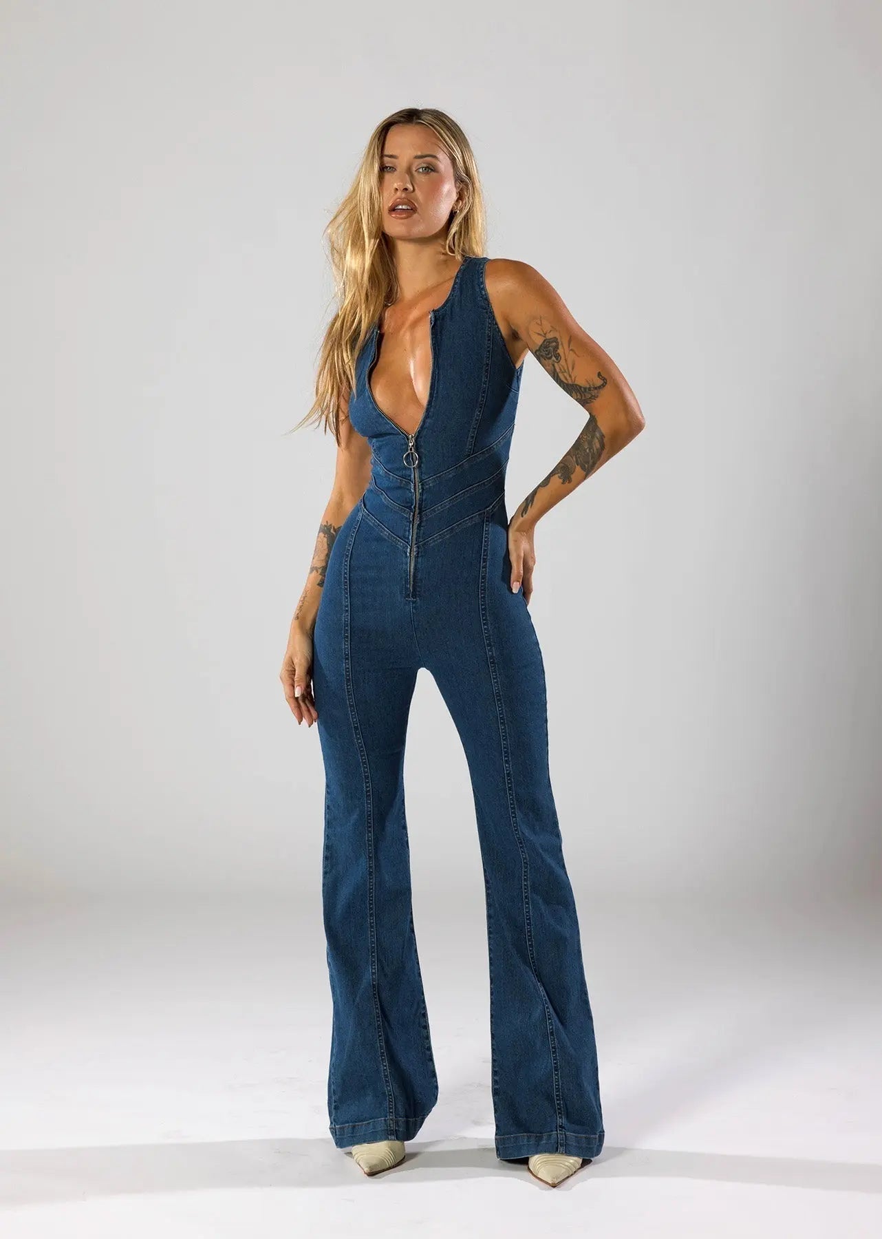 Aisha - Women's Plunge Neck Denim Flared Jumpsuit