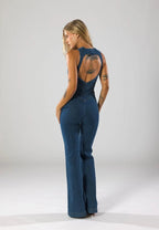 Aisha - Women's Plunge Neck Denim Flared Jumpsuit
