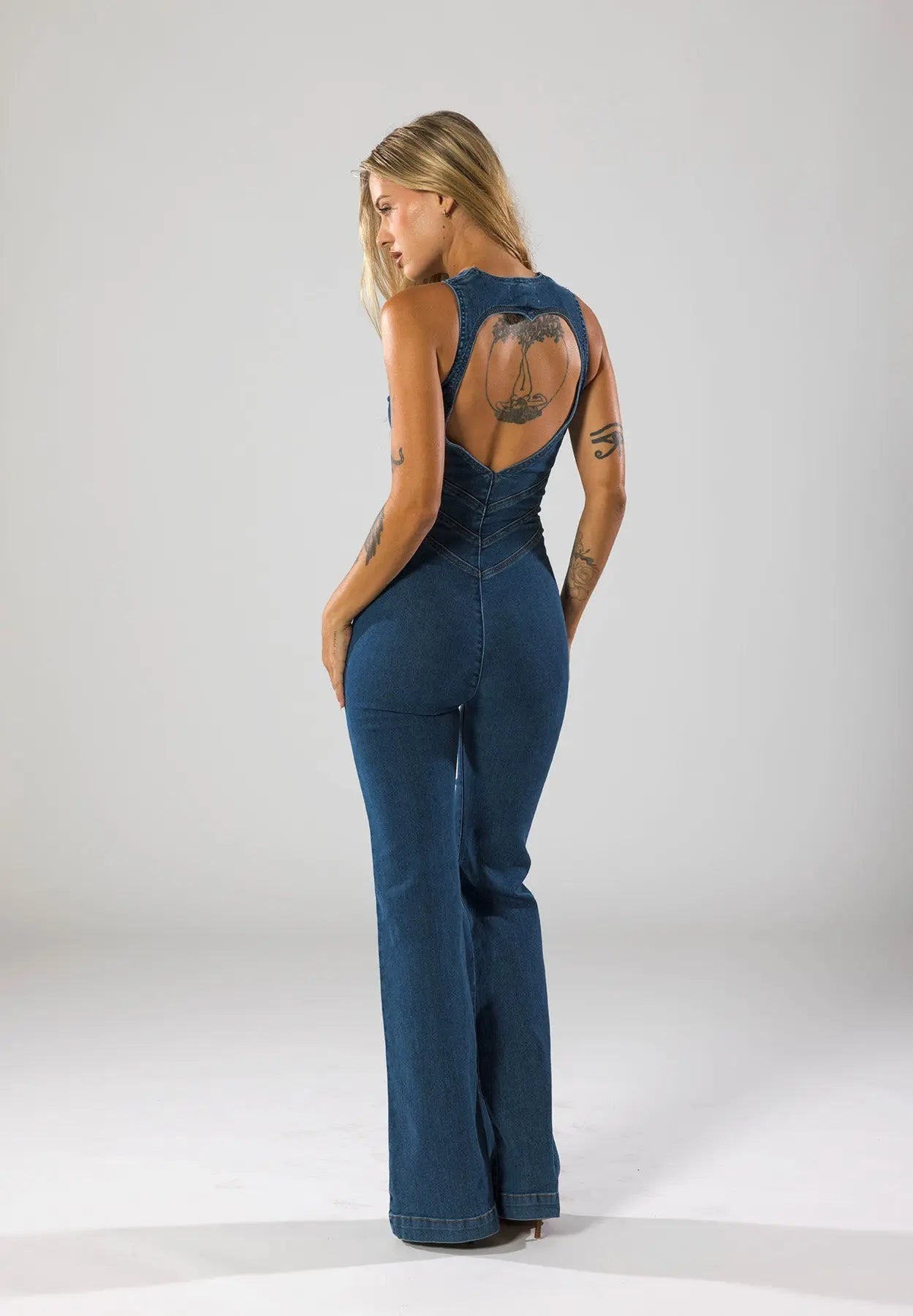 Aisha - Women's Plunge Neck Denim Flared Jumpsuit