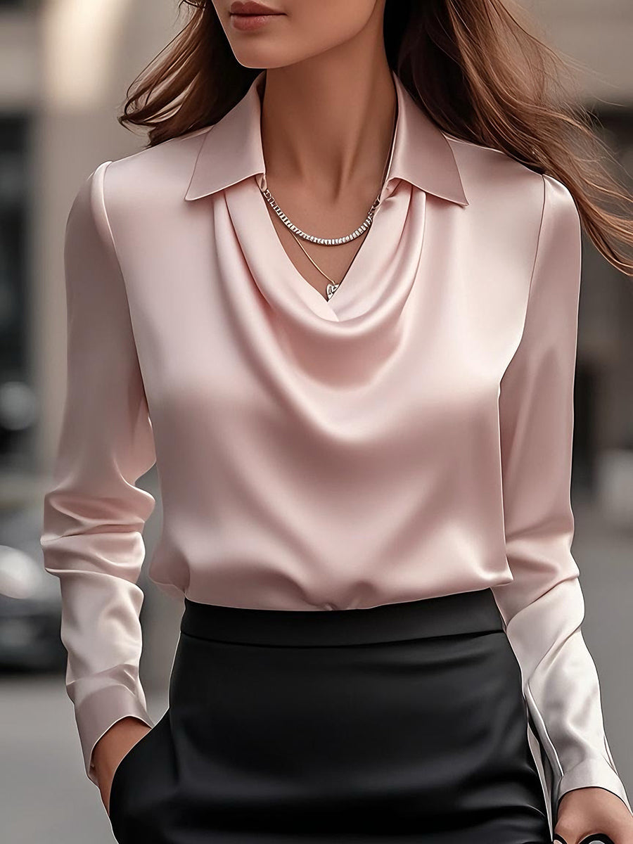 Women's White Satin Blouse - Long Sleeve Cowl Neck with Classic Collar