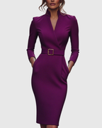 Maya - Women's Mock Wrap V-Neck 3/4 Sleeve Midi Dress