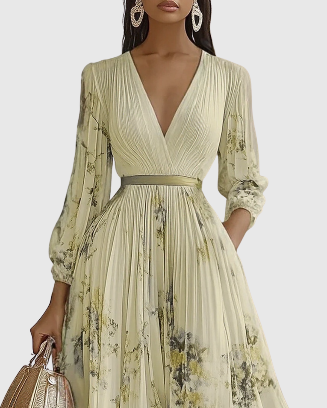 Greta - Women's Pleated V-Neck Long Sleeve Maxi Dress