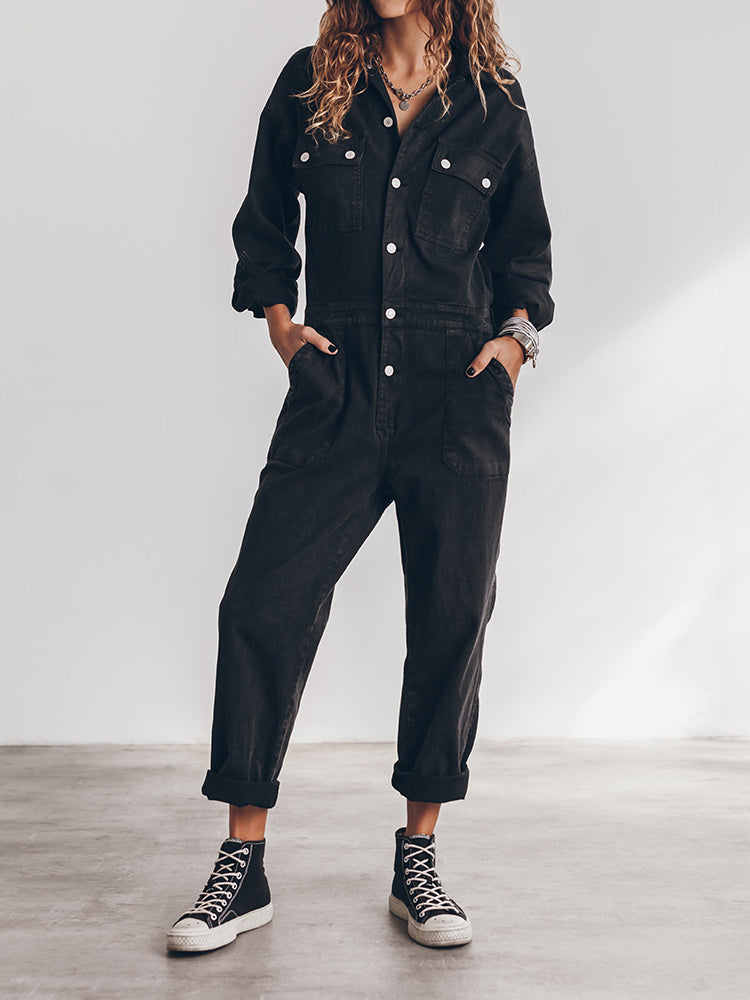 Women's Sage Green Utility Jumpsuit - Long Sleeve Button-Front