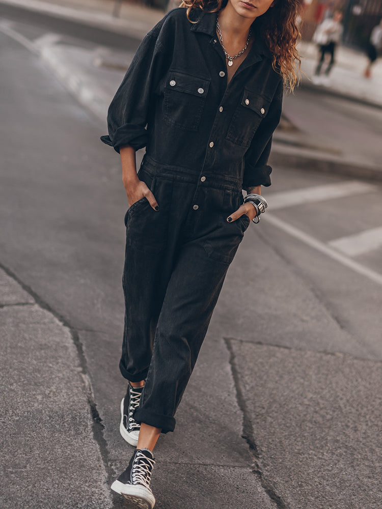 Women's Sage Green Utility Jumpsuit - Long Sleeve Button-Front