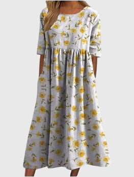 Women's Navy Floral Print Midi Dress - Short Sleeve