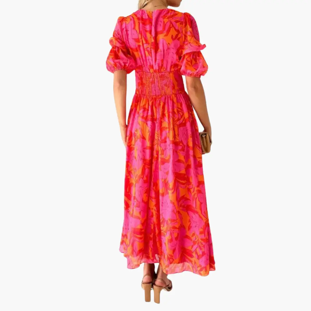 Women's V-Neck Puff Sleeve Maxi Dress