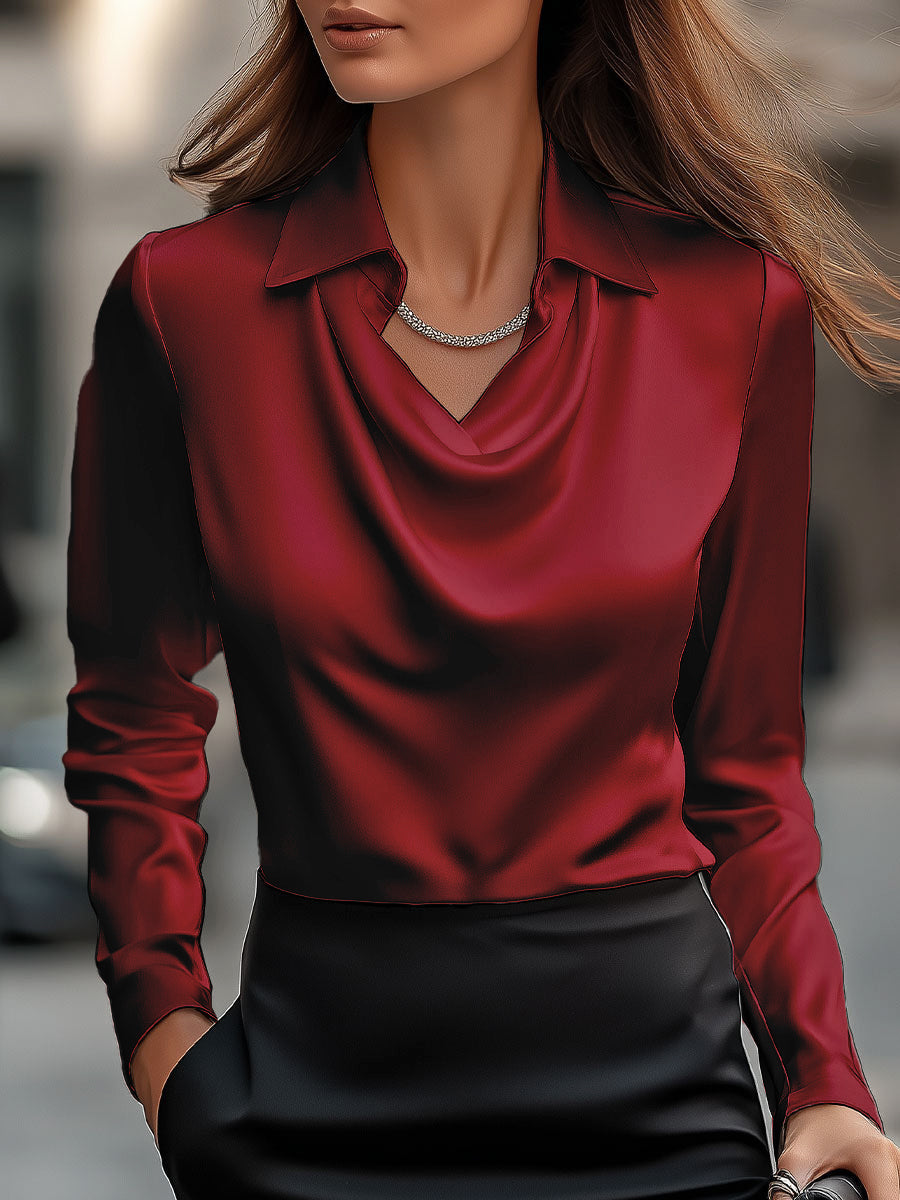 Women's White Satin Blouse - Long Sleeve Cowl Neck with Classic Collar