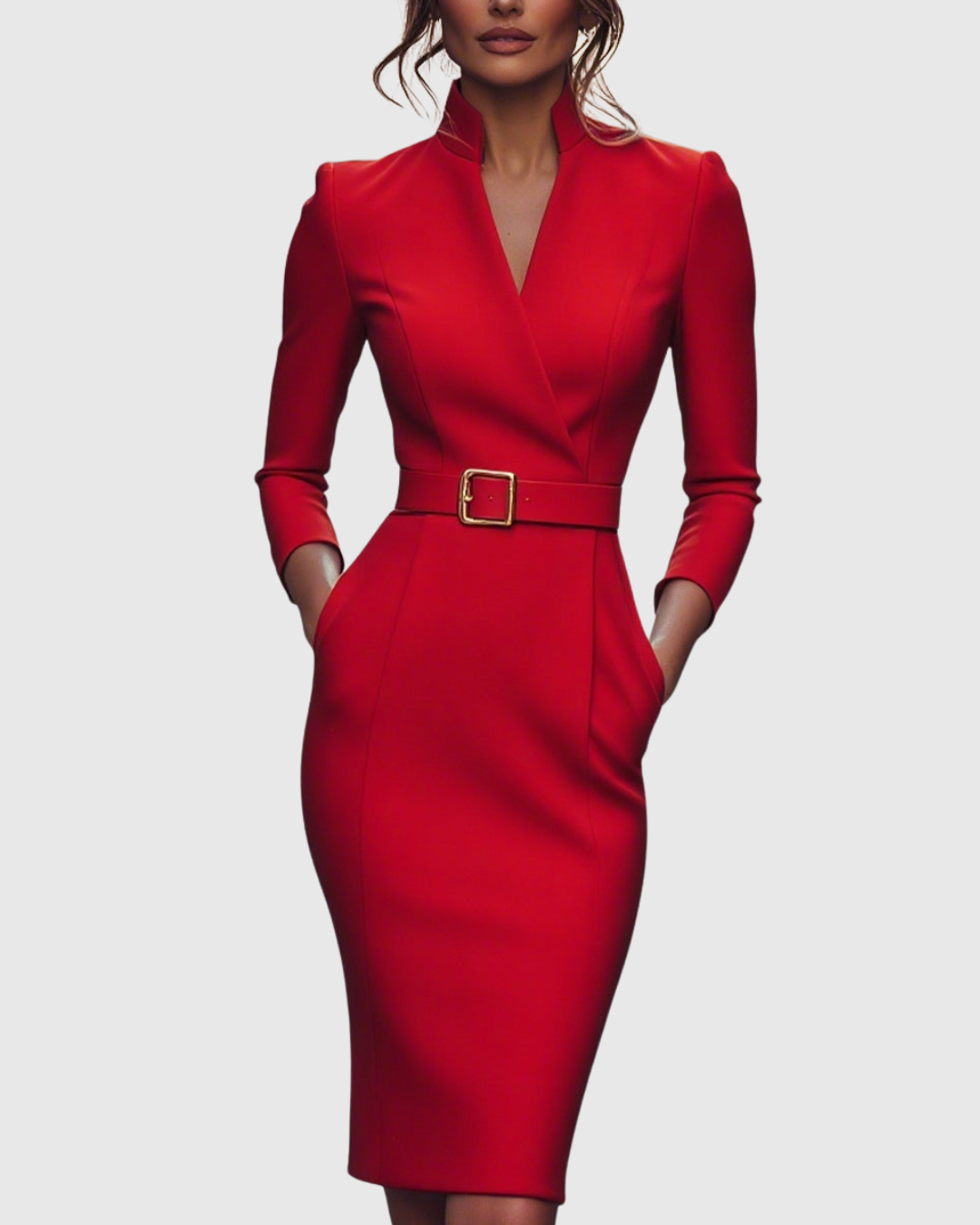 Maya - Women's Mock Wrap V-Neck 3/4 Sleeve Midi Dress