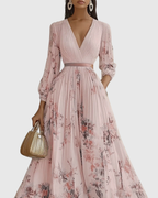 Greta - Women's Pleated V-Neck Long Sleeve Maxi Dress