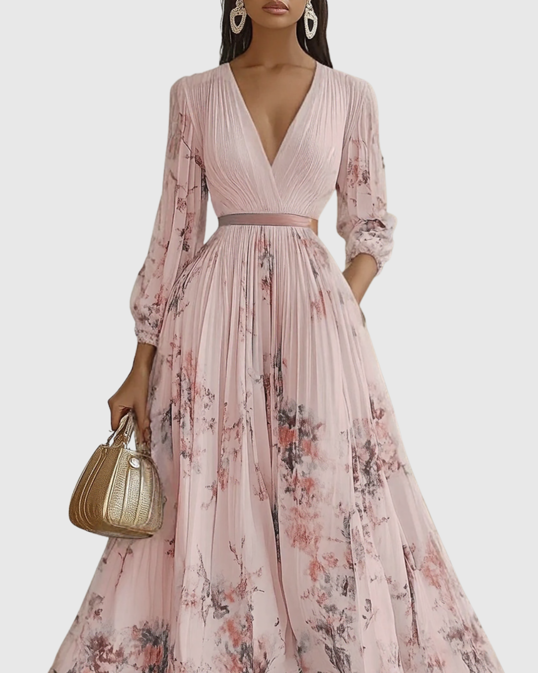 Greta - Women's Pleated V-Neck Long Sleeve Maxi Dress