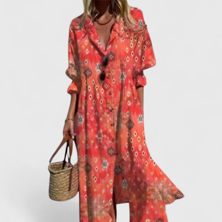 Cleo - Women's Boho Floral Print Midi Dress