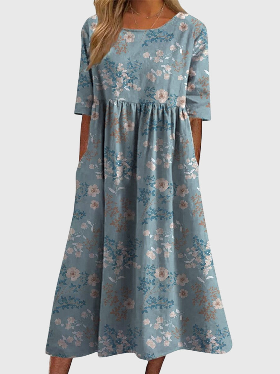 Women's Navy Floral Print Midi Dress - Short Sleeve