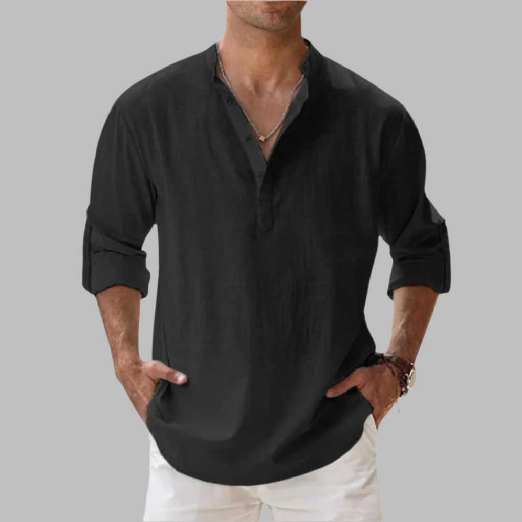 Men's Relaxed Linen Band-Collar Shirt