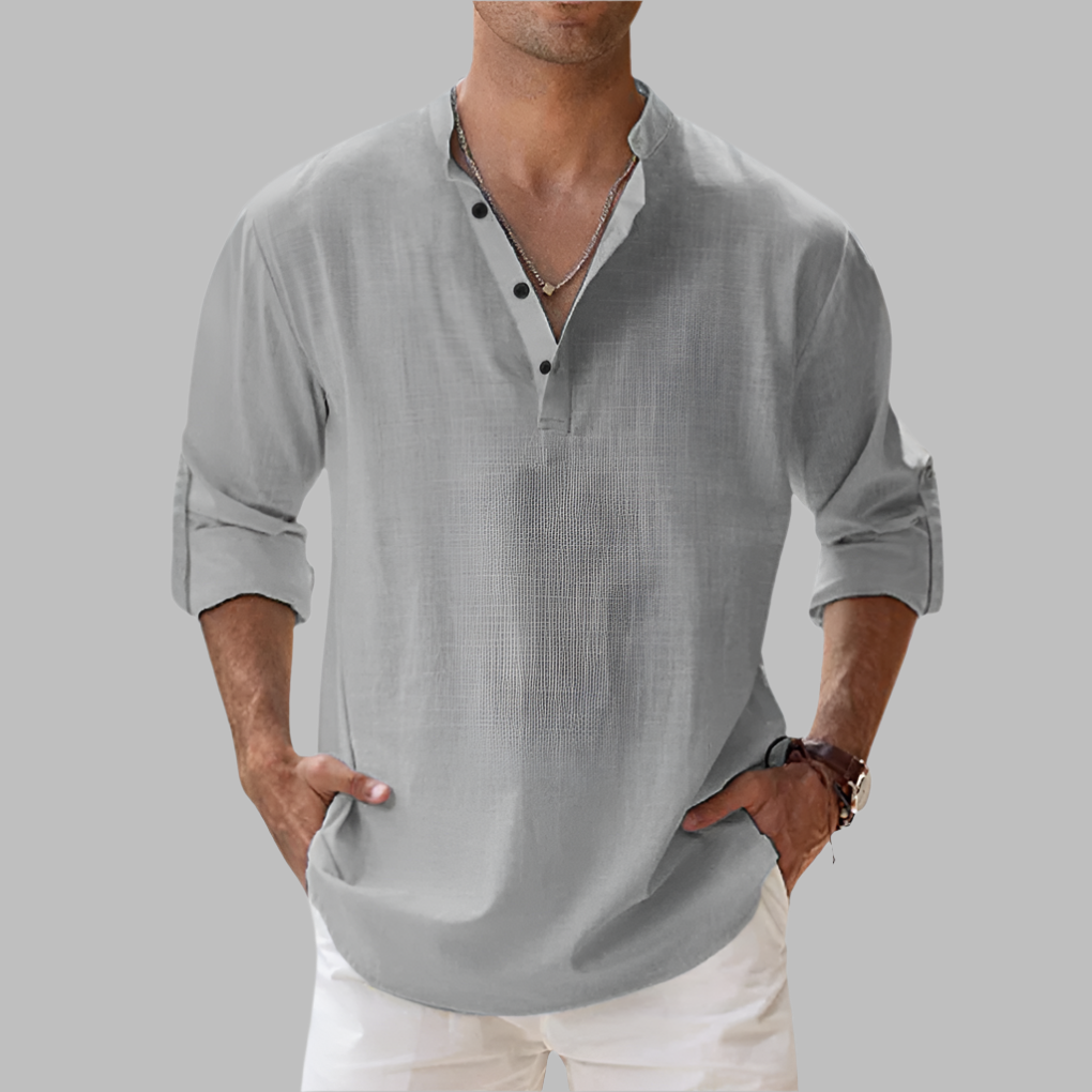 Men's Relaxed Linen Band-Collar Shirt