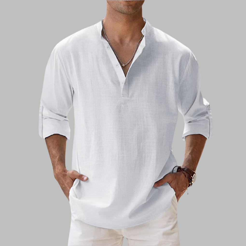 Men's Relaxed Linen Band-Collar Shirt