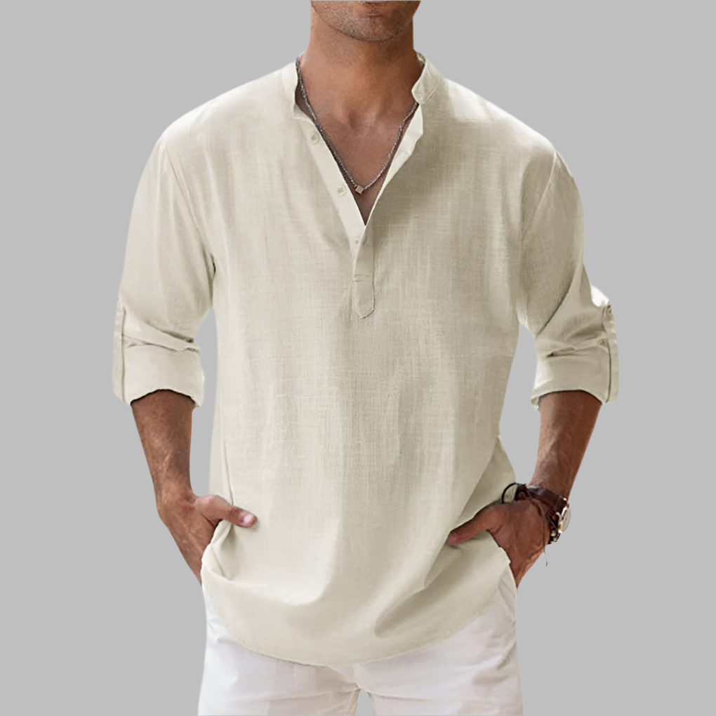 Men's Relaxed Linen Band-Collar Shirt