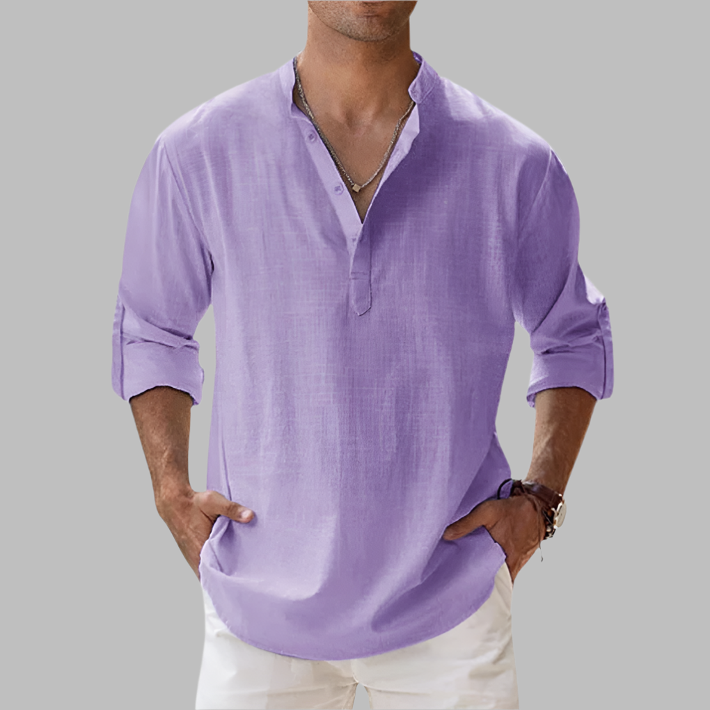 Men's Relaxed Linen Band-Collar Shirt