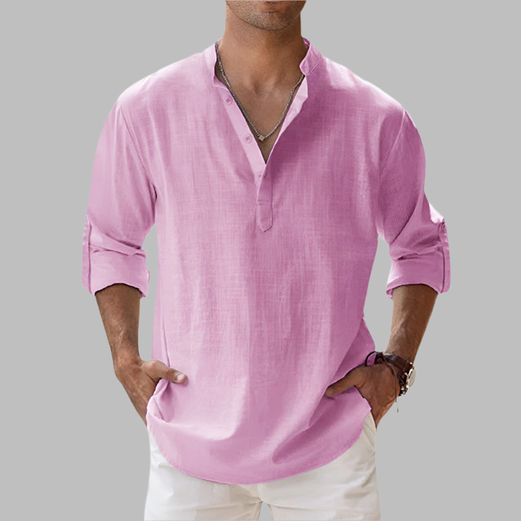 Men's Relaxed Linen Band-Collar Shirt