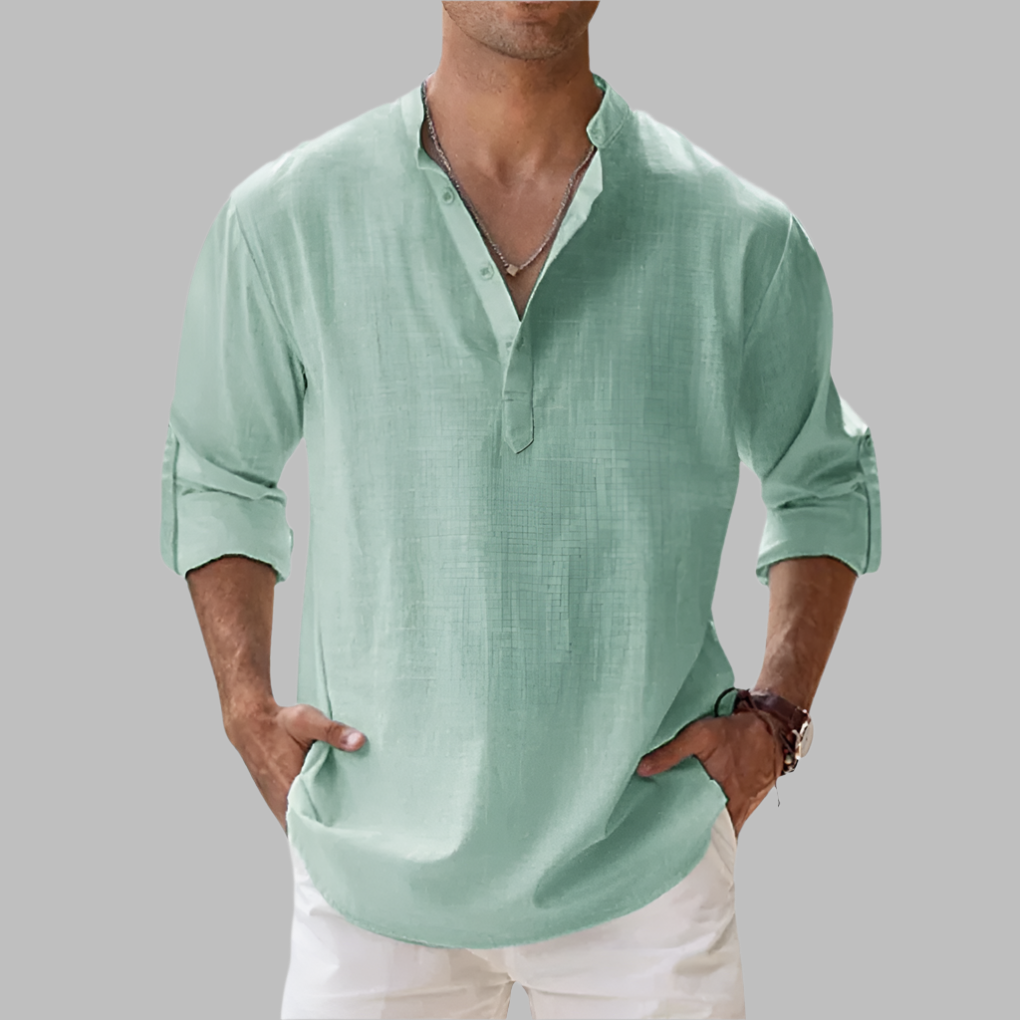 Men's Relaxed Linen Band-Collar Shirt