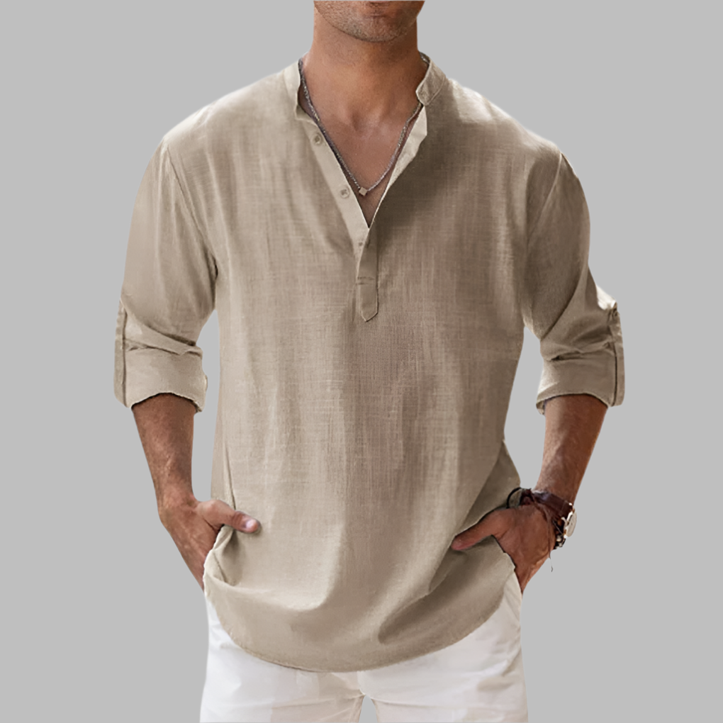 Men's Relaxed Linen Band-Collar Shirt