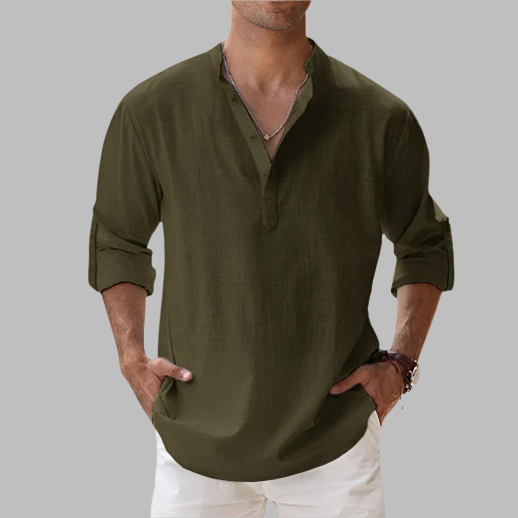 Men's Relaxed Linen Band-Collar Shirt