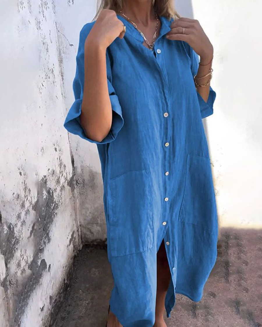 Women's Boho Shirt Dress - Bohemian Long Sleeve Midi Dress