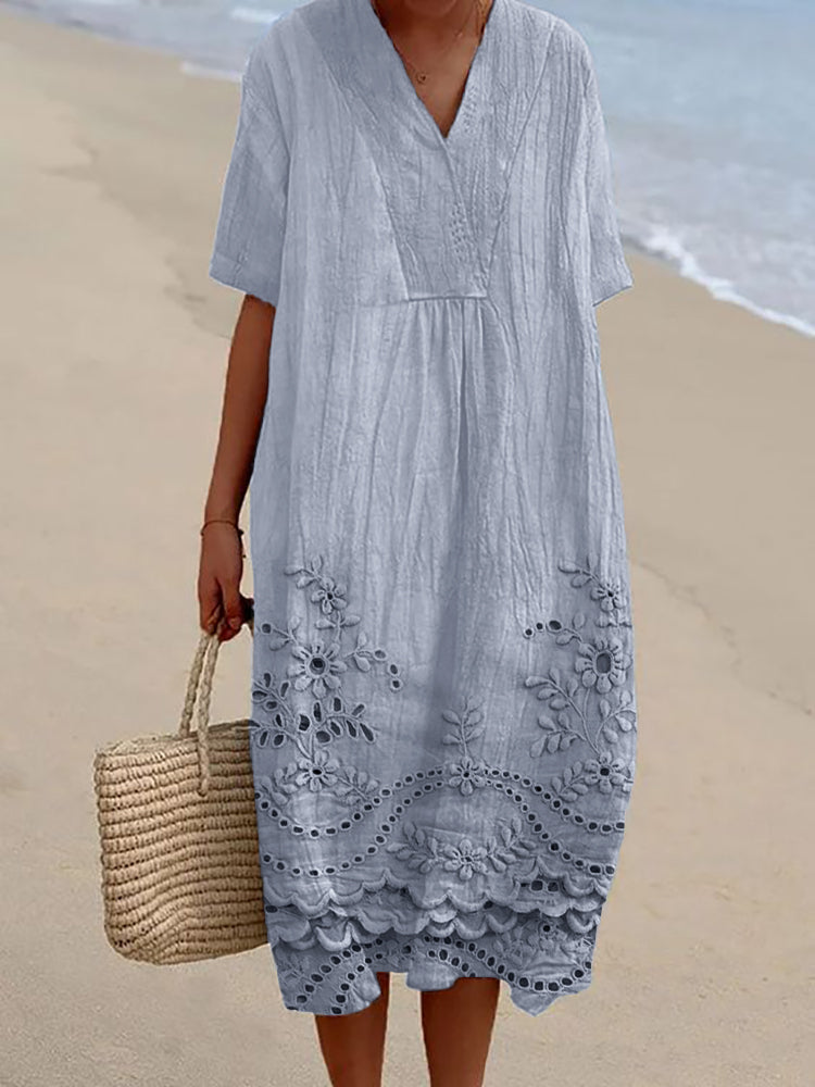 Women's White Embroidered Cotton Summer Dress - Eyelet Hem
